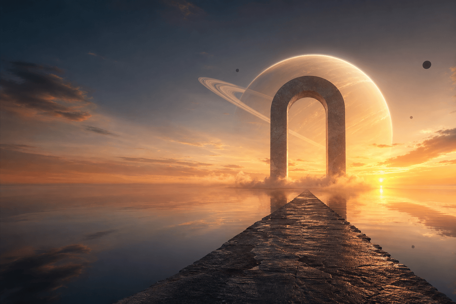 A monumental gateway leading toward a glowing planet at sunrise