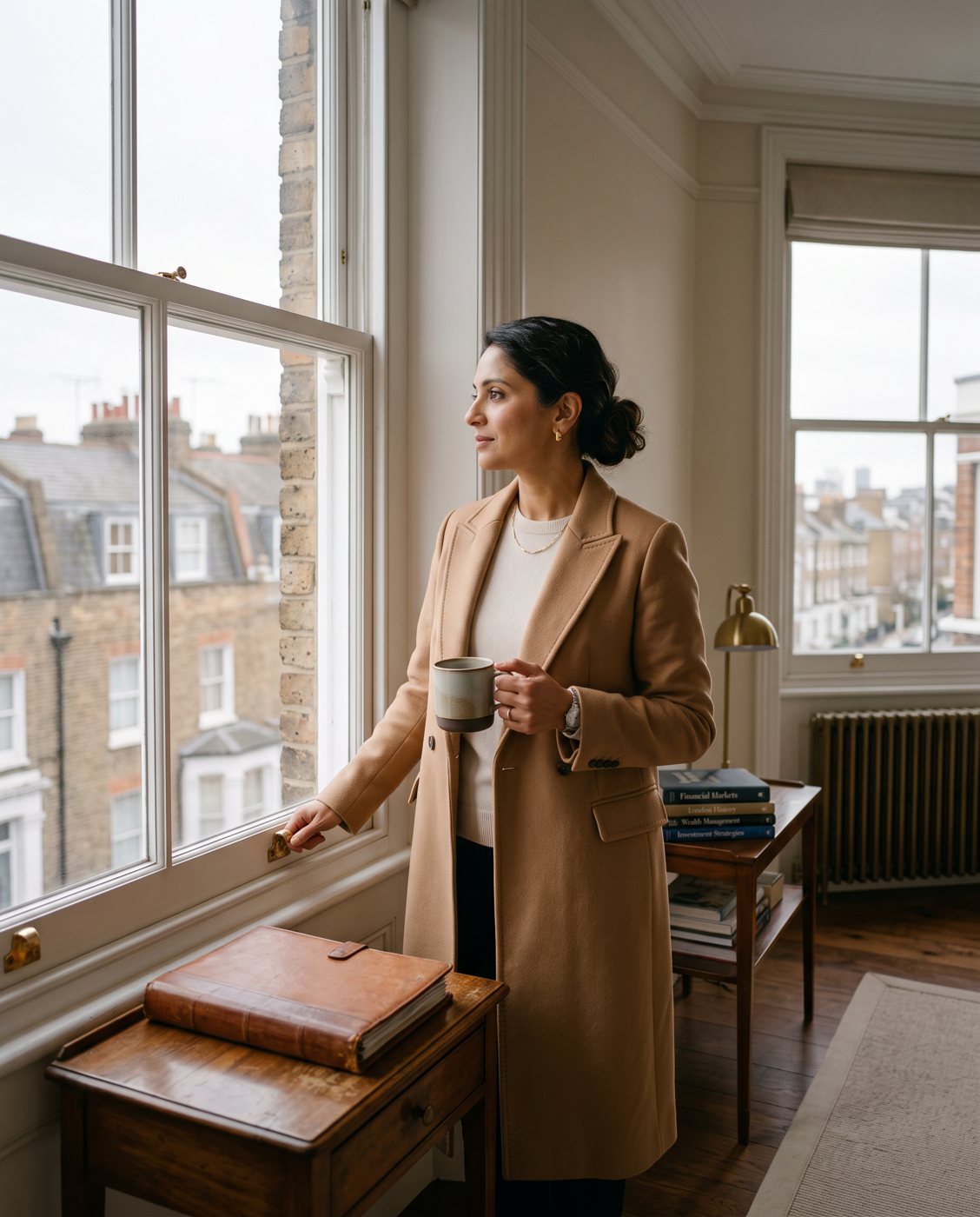 A woman financial professional by the window of her London home in morning light
