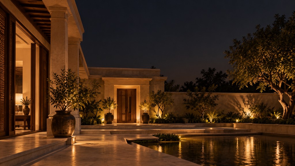 A night courtyard with a reflecting pool, a lit tree, and a warm doorway
