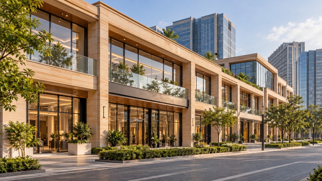 Architectural render of a two-level retail arcade in Gurgaon with glass frontage and high-rise towers beyond