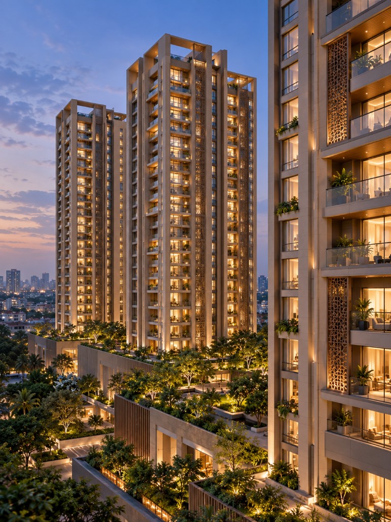 Architectural render of a contemporary residential tower cluster in Hyderabad at blue hour with lit balconies